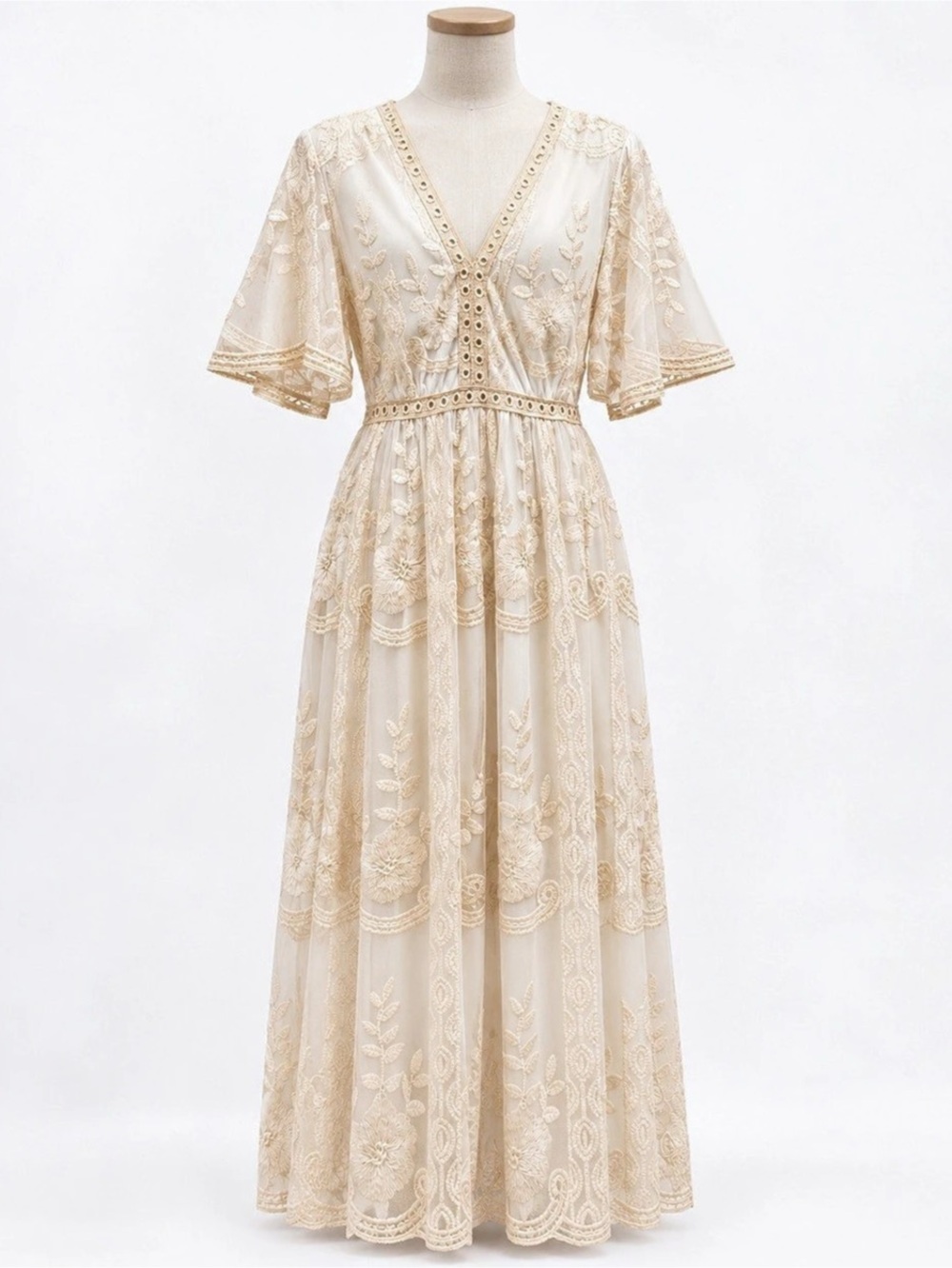 Haute Monde XL Ivory Embroidered Lace Maxi Dress Bridal Boho